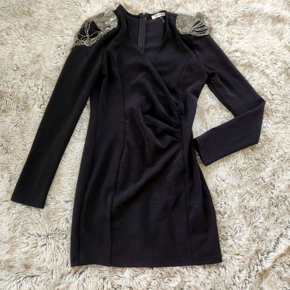 Xtaren Beaded Motif Shoulder Mini Dress Long‎ Sleeve Black and Silver Size Large